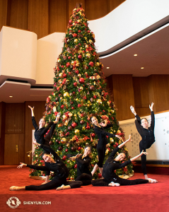 Die erste Tourwoche streift normalerweise Weihnachten. Hier in Houston schmücken einige Tänzerinnen den Weihnachtsbaum. (Foto: Annie Li, Bühnenprojektion)
