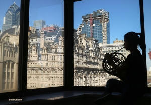 French horn player Chi-Chien Weng rehearsing before one of 25 performances in Philly. Check back later to see where we go in our next photo album! (Photo by Yu Lian)<p> </p>