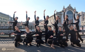 Shen Yun International Company dancers pose in front of the Batiment des Forces Motrices theater in Geneva, Switzerland. (Photo by dancer Kexin Li)
